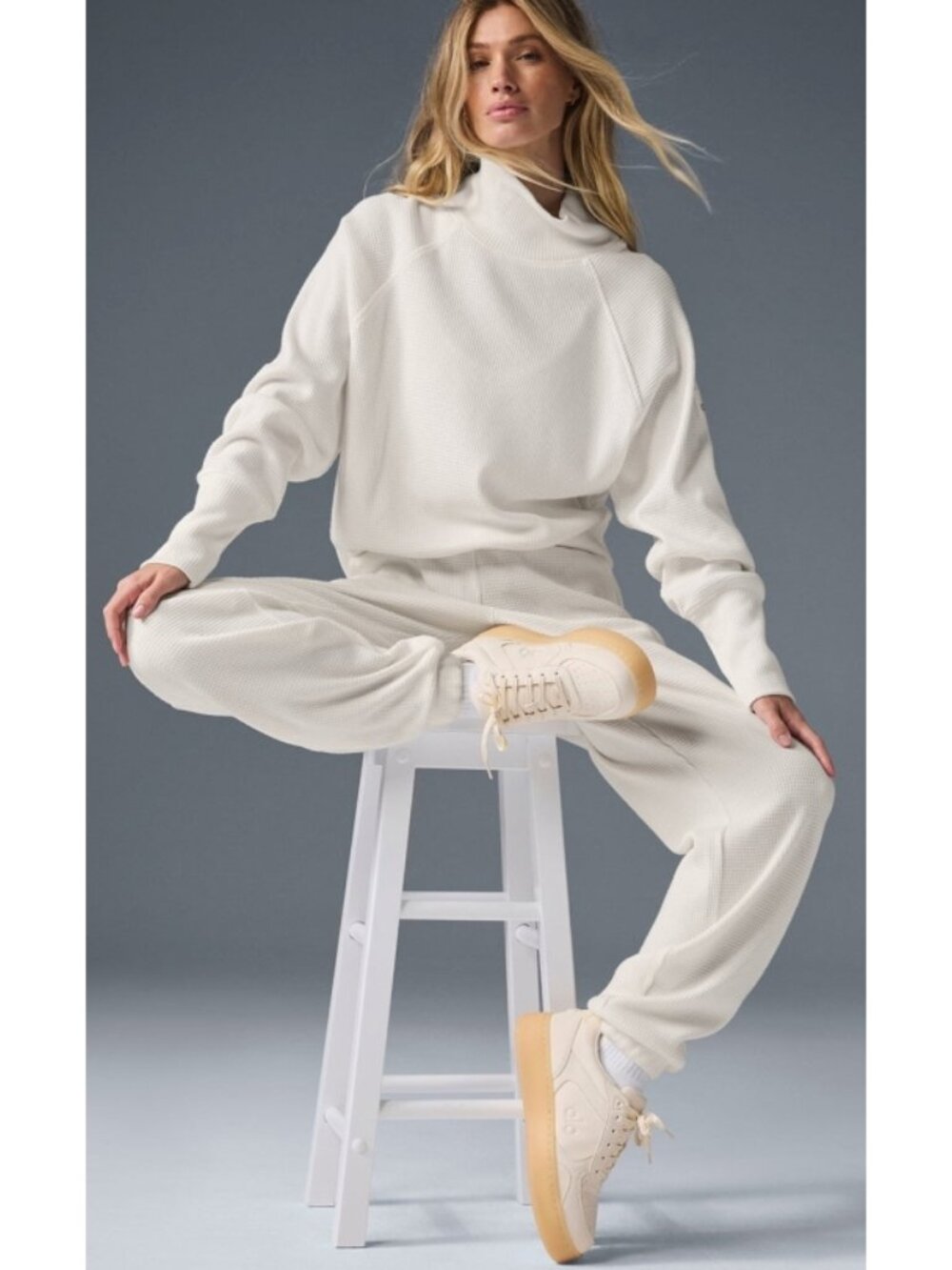 Alo Weekend Escape Mock Neck Long Sleeve Ivory Waffle Thermal Turtleneck Sweater - Picture 4 of 16